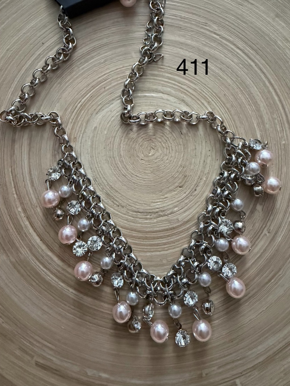411 Silver Chain Necklace with Pink Pearl & Crystal Drops